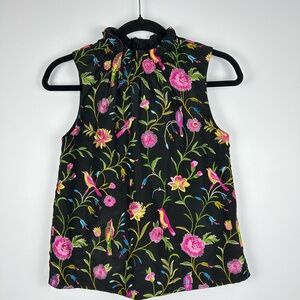 Sara Campbell Floral Embroidery Sleeveless Ruffle Neck Top